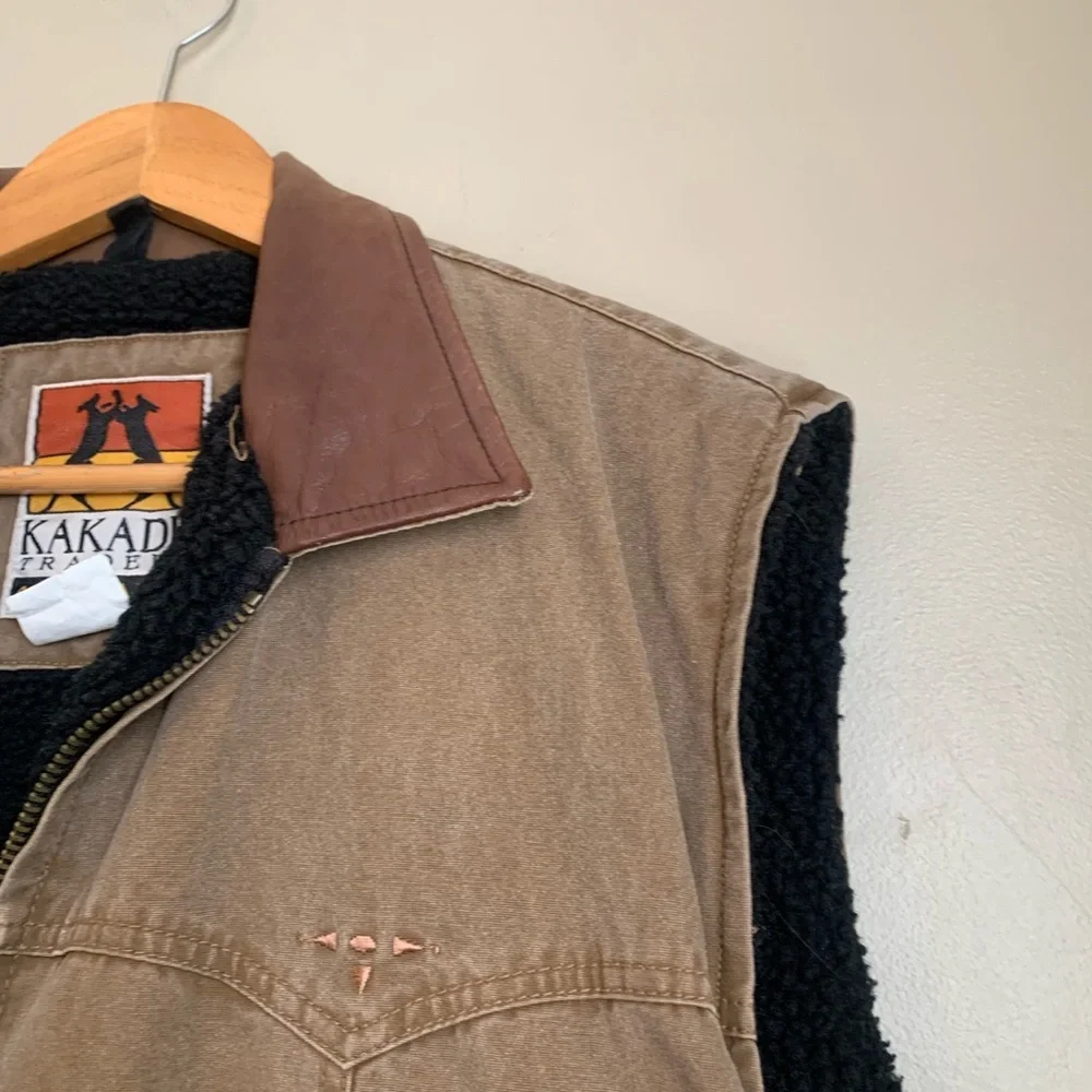 Kakadu Traders Australia Vest Brown Canvas Sherpa Lined  Leather Collar